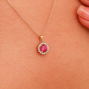 14K Gold Ruby Pendant Necklace, Dainty Initial Round Ruby, Handmade