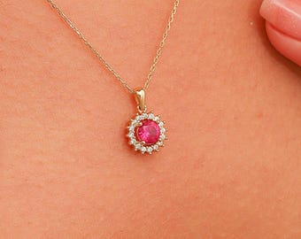14K Gold Ruby Necklace, Handmade Ruby Pendant, 14K Solid Gold Ruby Necklace, Dainty initial Round Ruby Pendant, Christmas Gift