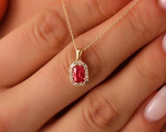14K Gold Ruby Necklace, Handmade Ruby Pendant, 14K Solid Gold Engagement Necklace, Dainty initial Baguette Ruby Pendant, Summer Jewelry