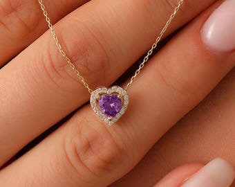 Amethyst Necklace, 14K Real Gold Amethyst Necklace, Dainty Custom Heart Amethyst Necklace, Minimal Heart Amethyst Necklace, Christmas Gift