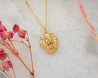 14K Gold Lion Necklace, Minimalist Gold Lion Head Necklace, 14K Solid Gold Animal Necklace, Handmade Gold Lion Necklace, Summer Jewelry