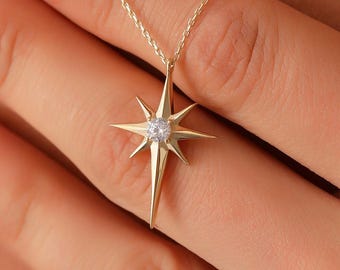 14K Gold North Star Necklace, 14K Solid Gold Celestial Necklace, Handmade  North Star Necklace, Summer Jewelry, Big North Star Pendant
