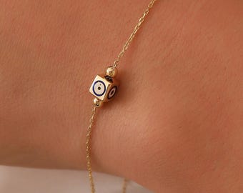 14K Gold Cube Eye Bracelet, 14K Solid Gold Evil Eye Bracelet, Dainty Custom Eye Bracelet, Minimalist Cube Evil Eye Bracelet, Summer Jewelry
