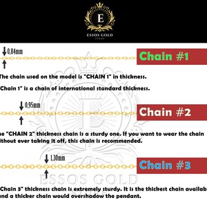 May include: Diagram showing three different chain thicknesses for necklaces, labeled "Chain #1", "Chain #2", and "Chain #3". The chain thicknesses are 0.84 mm, 0.95 mm, and 1.30 mm. The text describes the chains as "international standard thickness", "sturdy", and "extremely sturdy".