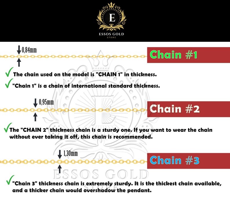 May include: Diagram showing three different chain thicknesses for necklaces, labeled "Chain #1", "Chain #2", and "Chain #3". The chain thicknesses are 0.84 mm, 0.95 mm, and 1.30 mm. The text describes the chains as "international standard thickness", "sturdy", and "extremely sturdy".