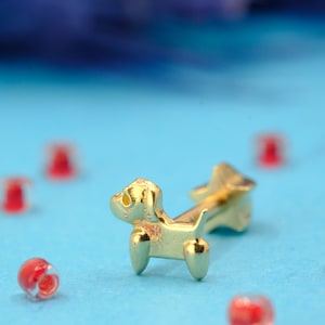 14K Gold Dog Earring, Handmade Gold Cartilage Tragus, 14k Solid Gold Dog Earring, Minimalist Gold Dog Screwing Tragus, Summer Jewelry