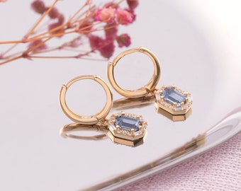 14K Gold Aquamarine Earrings, Tiny Aquamarine Earrings, 14K Solid Gold Wedding Earrings, Dainty initial Aquamarine Earrings, Summer Jewelry