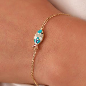 Big Fish Bracelet, 14K Solid Gold Fish Bracelet, Dainty initial Sea Animal Bracelet, Handmade Gold Enamel Fish Bracelet, Christmas Gift
