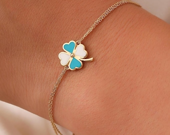 14K Gold Clover Bracelet, 14K Solid Gold Clover Bracelet, Dainty initial Clover Bracelet, Minimalist Flower Bracelet, Christmas Gift