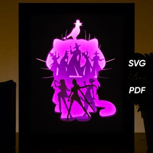 May include: A backlit, purple-hued art piece featuring a cat-shaped silhouette with a group of stylized figures inside. The design includes a bird and the text "SVG" and "PDF". The overall theme is a decorative item.
