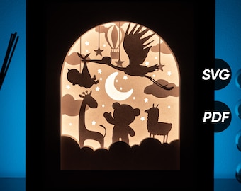 Baby Story DIY lightbox-sjablonen (pdf om af te drukken + SVG voor snijmachines) + videotutorial over het maken van een Shadow Box