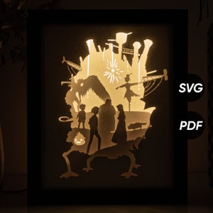 Modelli fai da te per light box anime Howls (PDF per la stampa + SVG per macchine da taglio) + Video tutorial su come realizzare una shadow box