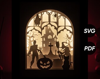 Sjablonen voor Halloween-lichtbakken (pdf om af te drukken + SVG voor snijmachines) + zelfstudie: videotutorial Shadow Box maken