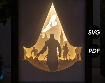 Assasin DIY Light Box-sjablonen (pdf om af te drukken + SVG voor snijmachines) + hoe je een Shadow Box-videotutorial maakt