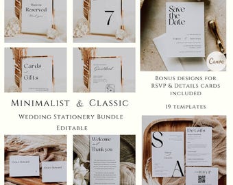 Zestaw minimalistycznych zaproszeń ślubnych: Klasyczna papeteria, Edytowalne szablony Canva