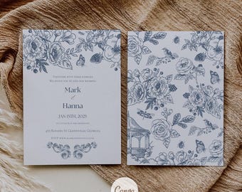 Eleganckie granatowe kwiatowe zaproszenia ślubne, edytowalne zaproszenia ślubne