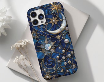 Himmelsk måne och stjärnor målat glas mosaik telefonskal vintage trendigt estetiskt iPhone 16 15 14 13 12 Samsung s24 s23 s22 Pixel 8 7 6 pro