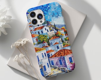 Santorini Griechenland European Sommer Handyhülle Mittelmeer Glasmalerei Mosaik Handyhülle iPhone 15 14 13 pro Samsung s24 s23 s22 Pixel 8 7