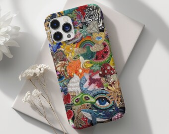 Mosaik Charme Vintage ästhetische Collage Handytasche, Böses Auge, Celestial, Obst Scrapbook Handyhülle, iPhone 15, 14, 13 Samsung S24, S23, S22