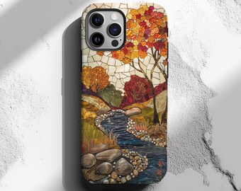 Herbst Herbst Handyhülle Natur Landschaft Glasmalerei Mosaik Vintage Ästhetische Handyhülle iPhone 15 14 13 12 Samsung S24 S23 S22 Pixel 8 7