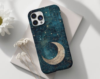 Celestial Moon and Stars Night Sky Glass Phone Case Vintage Mosaic iPhone 16 15, 14, 13, 12 case, Samsung s24, s23, s22 cover, Pixel 8, 7