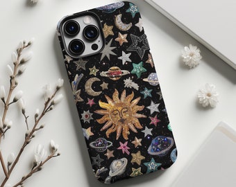 Celestial Moon and Stars Vintage Charm Mosaic Aesthetic Phone case, iPhone 15 14 13 12 case, Samsung galaxy s24, s23 cover, Pixel 8 7 6