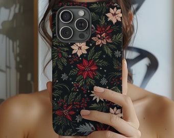 Christmas Poinsettia Floral Phone Case Nature Boho Xmas Winter Unique Aesthetic iPhone 16 15 14 13 Pro Samsung Galaxy s24 s23 s22 Pixel 8 7