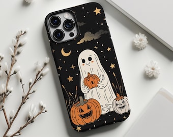 Cute Ghost With Pumpkins Celestial Night Sky Halloween Aesthetic Phone Case, iPhone 16 15 14 13 12 Samsung Galaxy s24 s23 s22 Pixel 8 7 6