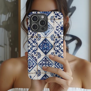 Custodia per telefono vintage con piastrelle azulejo portoghesi, vecchia estetica, elegante e minimalista, blu, per iPhone 15, 14, 13, Samsung s24, s23, s22, Pixel 8, 7, 6