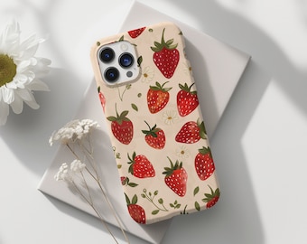 Cute Strawberry Pattern aesthetic Phone case, Fruit Berries watercolor coquette phone case, iPhone 16 15, 14, 13, 12 case, Samsung s24, s23
