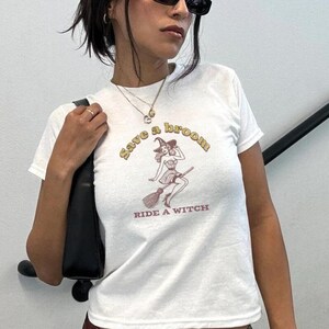 Save a broom ride a witch Halloween Vintage Retro baby tee crop top shirt y2k 90s tee aesthetic gift for her girlfriend
