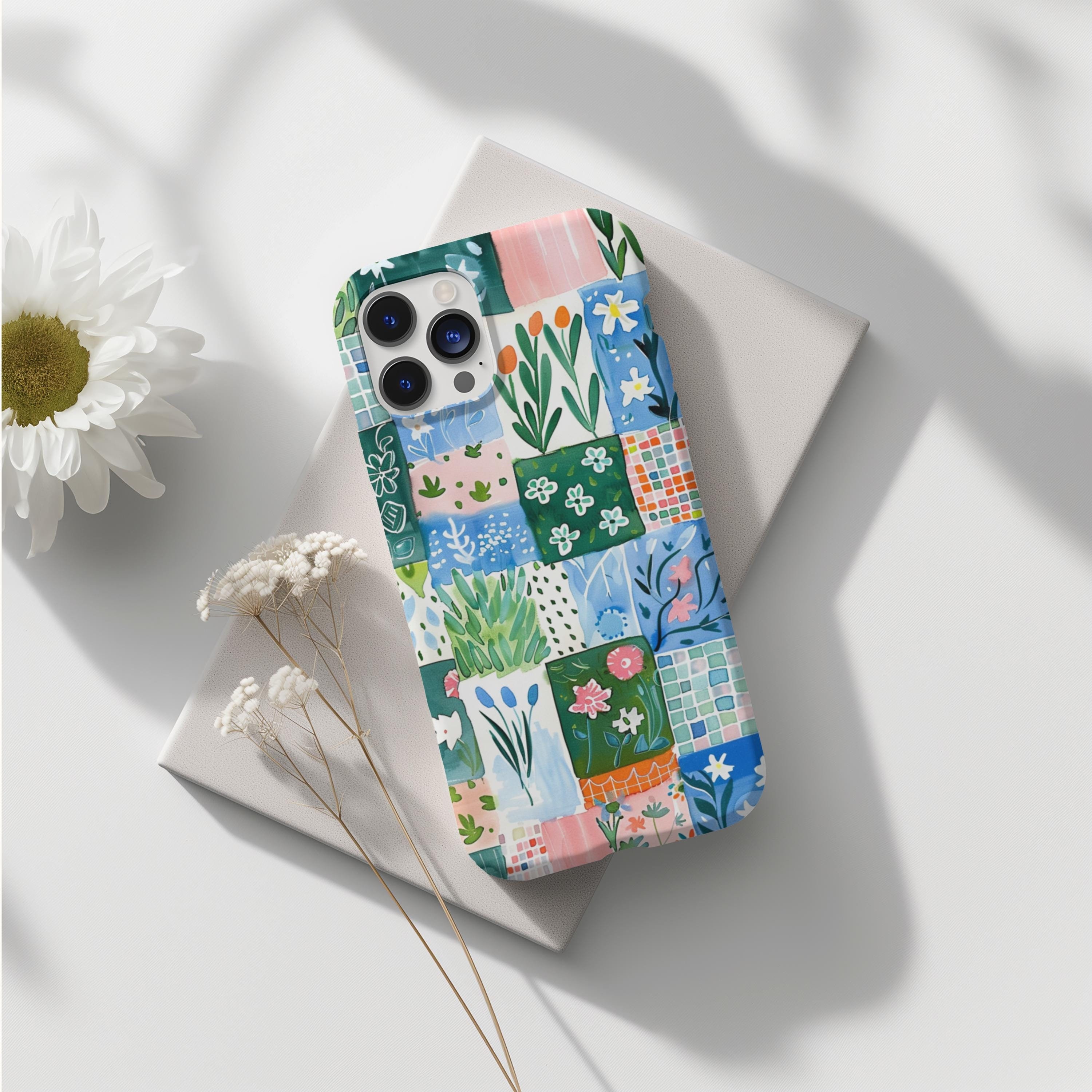 Patchwork Quilt Tile Grandma Chic Aesthetic Floral Boho Cute Spring Trendy Phone Case iPhone 15 14 13 12 Samsung Galaxy s24 s23 Pixel 8 7