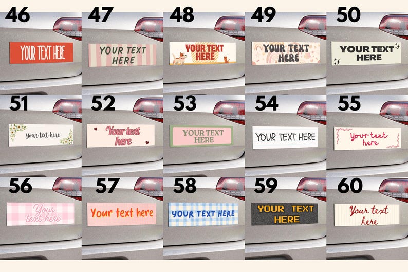 Op de afbeelding: Een verzameling van vijftien rechthoekige bumperstickers op een voertuigoppervlak, elk met de tekst YOUR TEXT HERE in verschillende lettertypes, kleuren en patronen, waaronder strepen, vichy-ruitjes, bloemen en grafische illustraties.