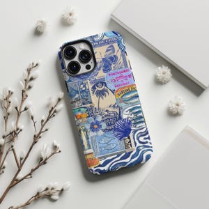 Coastal Seashell European Summer Aesthetic Preppy Collage Scrapbook Watercolor Phone Case, iPhone 15 14 13 Samsung s24 s23 s22 Pixel 8 7 6