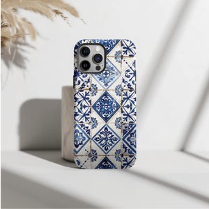 Portuguese Azulejo Tile Phone Case, Blue White Mediterranean, Vintage Boho Ceramic Tile Cover, iPhone 17 16 15 Pro Max, Samsung S26 S25 S24 image 4