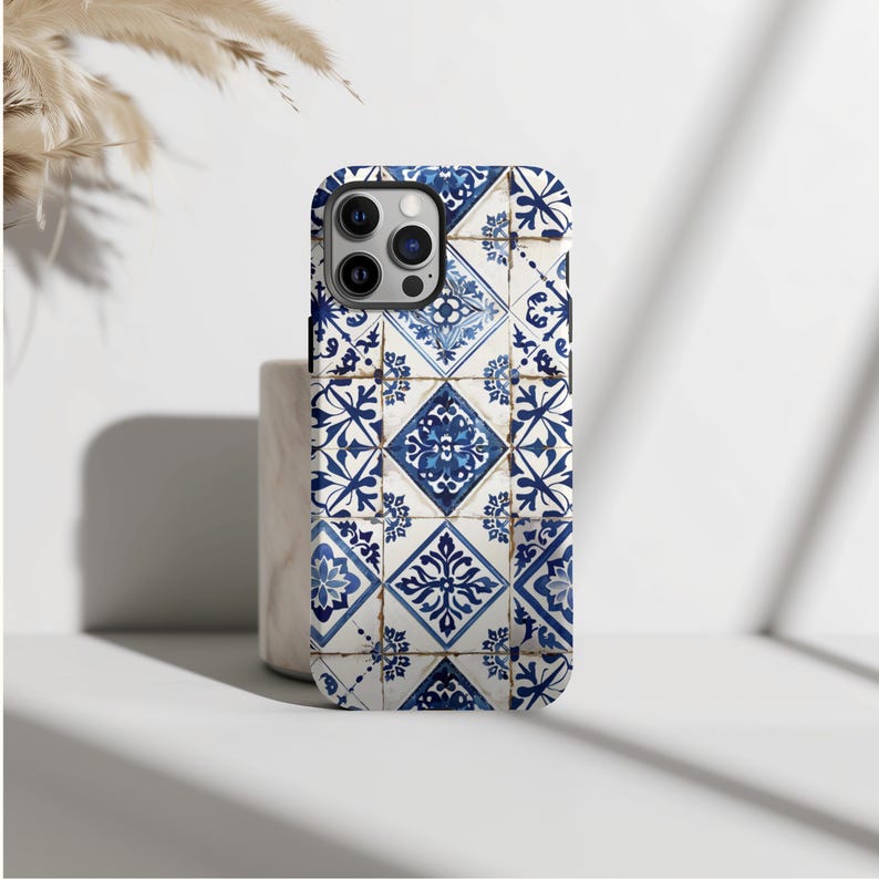 Portuguese Azulejo Tile Phone Case, Blue White Mediterranean, Vintage Boho Ceramic Tile Cover, iPhone 17 16 15 Pro Max, Samsung S26 S25 S24 image 4