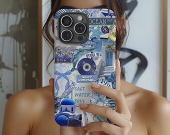 Santorini Collage Handyhülle, Küstenästhetik, Blaue Strand Sommer Griechenland ästhetische Handyhülle, iPhone 15 14 13 12 Samsung S24 S23