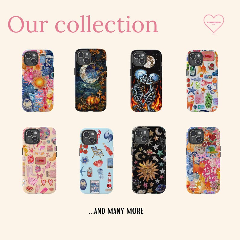 K&ouml;nnte beinhalten: Eine Sammlung von acht bunten Handyh&uuml;llen mit verschiedenen Designs. Die H&uuml;llen zeigen eine Vielzahl von Mustern, darunter Himmelsk&ouml;rper, Skelette und abstrakte Designs. Die H&uuml;llen sind alle f&uuml;r iPhones.