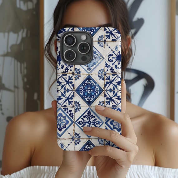 Vintage Portugesse Azulejo Tile Phone Case Old Aesthetic Elegant Minimalist Blue Phone Cover iPhone 15 14 13 Samsung s24 s23 s22 Pixel 8 7 6
