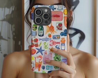 Europeisk kust sommarkollage scrapbook akvarell trendigt coolt estetiskt telefonskal, iPhone 16 15 14 13 pro Samsung s24 s23 s22 Pixel 8 7