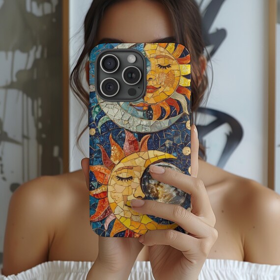 Moon and Sun Celestial Phone Case Astrology Trendy Stained Glass Mosaic iPhone 16 15 14 13 Pro Max Samsung Galaxy s24 s23 s22 Ultra Pixel 8