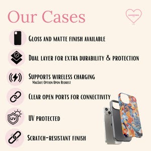 May include: Image features three phone cases with different designs. The text "Our Cases" is at the top. Features include gloss and matte finishes, dual-layer durability, wireless charging, clear ports, UV protection, and a scratch-resistant finish.