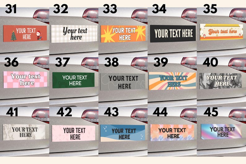 Op de afbeelding: Een verzameling van vijftien rechthoekige bumperstickers genummerd 31 tot en met 45, elk met unieke grafische ontwerpen, patronen en kleuren met de tekst Your text here, weergegeven op een lichtgrijs oppervlak van een bumper.