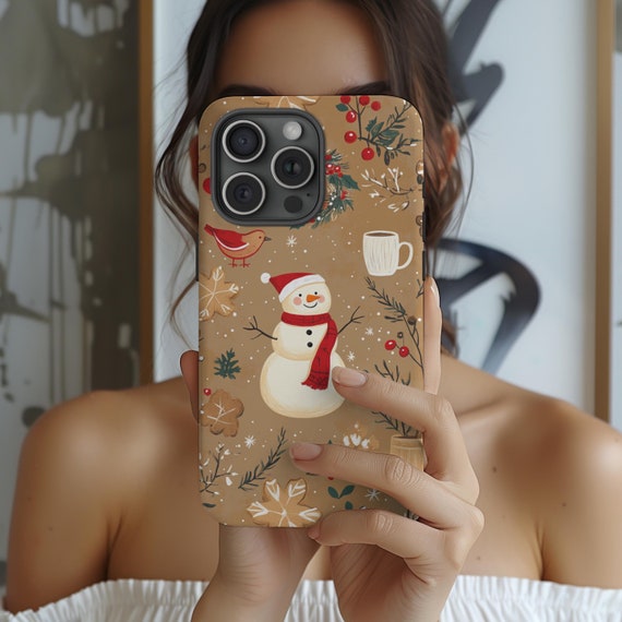 Winter Christmas Phone Case Cute Warm Festive Watercolor Aesthetic Snowman iPhone 16 15 14 13 12 Pro Samsung Galaxy s24 s23 s22 Pixel 8 7 6