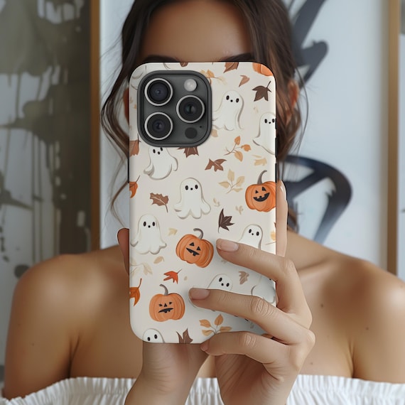 Cute Ghost Halloween Phone Case Fall Leaves Autumn Aesthetic Phone Case Pumpkin iPhone 15 14 13 pro Samsung Galaxy s24 s23 s22 Pixel 8 7 6