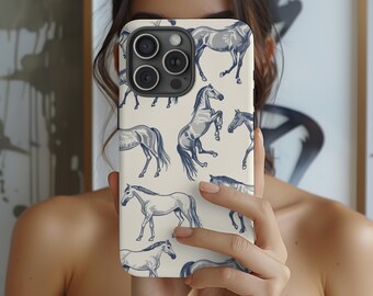 Horse Toile Phone Case, Vintage Equestrian Blue Pattern Case, iPhone 17 16 15 14 Pro Max, Samsung S26 S25 S24