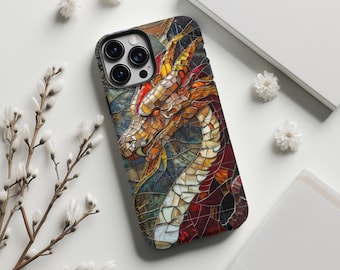 Dragon Phone Case Stained Glass Mosaic Vintage Chinese Horoscope Mythical Fantasy Phone Case iPhone 15 14 13 Samsung s24 s23 s22 Pixel 8 7