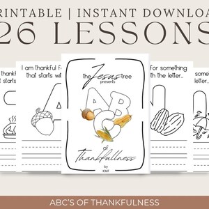 May include: A printable set of 26 alphabet-themed worksheets for kids. Each page features a letter of the alphabet, a corresponding image, and lines for writing. The title is "ABC's of Thankfulness" and the text "The Jesus Tree Presents" is also included.