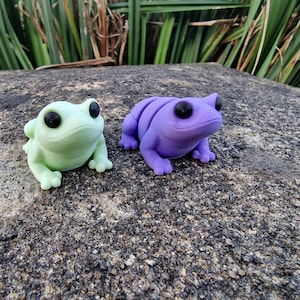 Op de afbeelding: Twee kleine kikkerbeeldjes, een groene en een paarse, met zwarte ogen. De kikkers zitten op een grijs, getextureerd oppervlak.