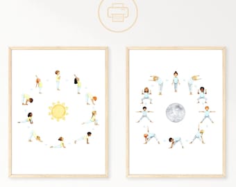 Sun and Moon Salutation Poster (without text) for children's yoga. Children's yoga download PDF.